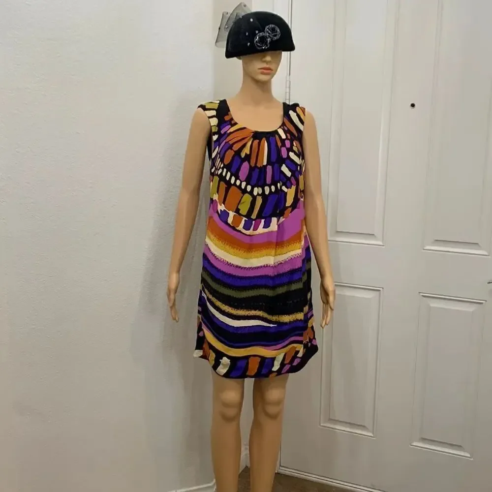 ECI New York Sz 4 ScoopNeck Short Sleeve Pink Black Statement Zipper Mini Dress